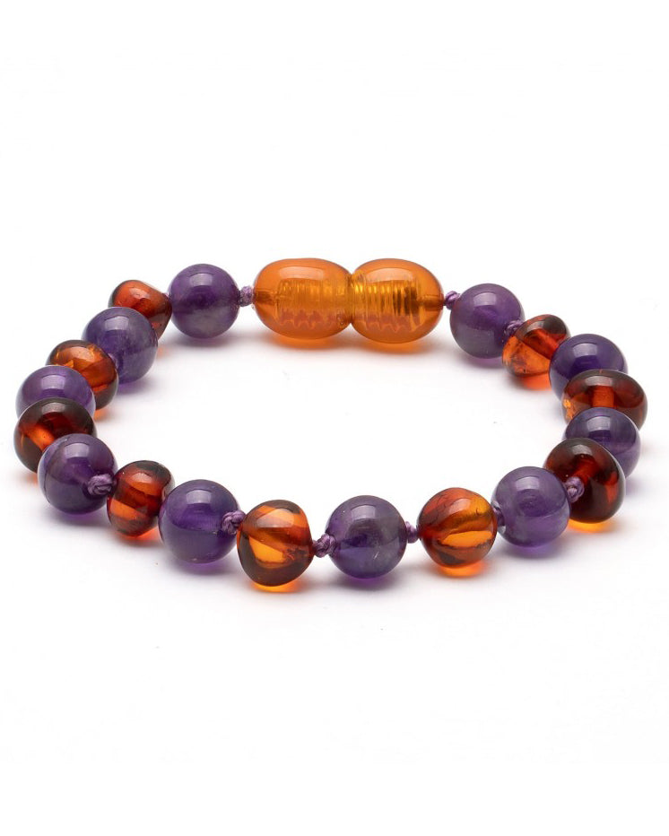 Amber Baby Bracelet with gemstones 14cm - Amethyst/cognac 