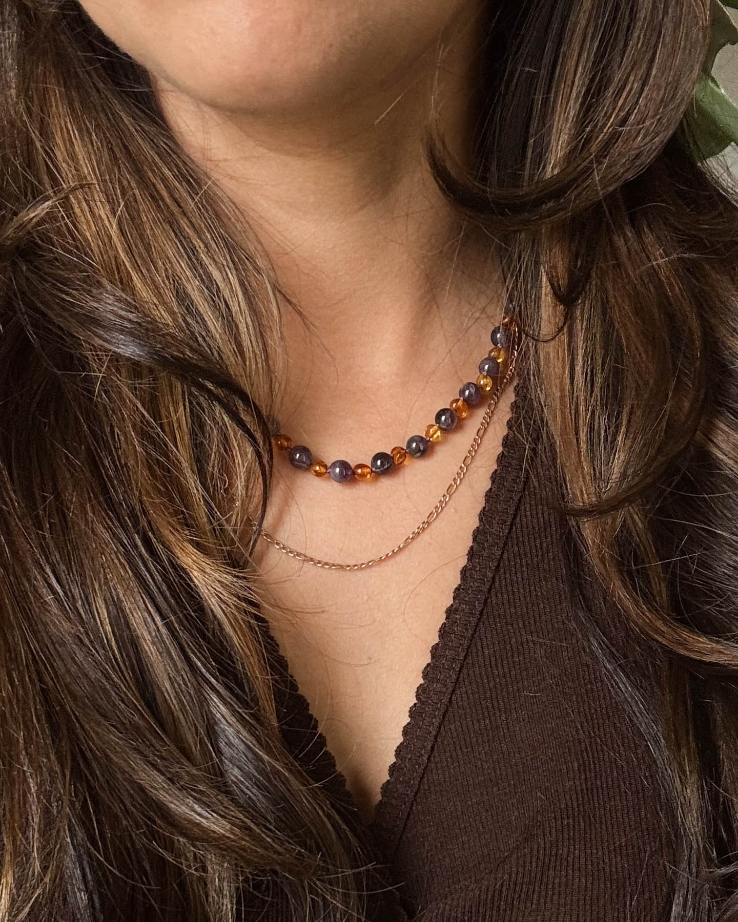 Amber Ladies Necklace with Gemstones 45cm - amethyst/cognac