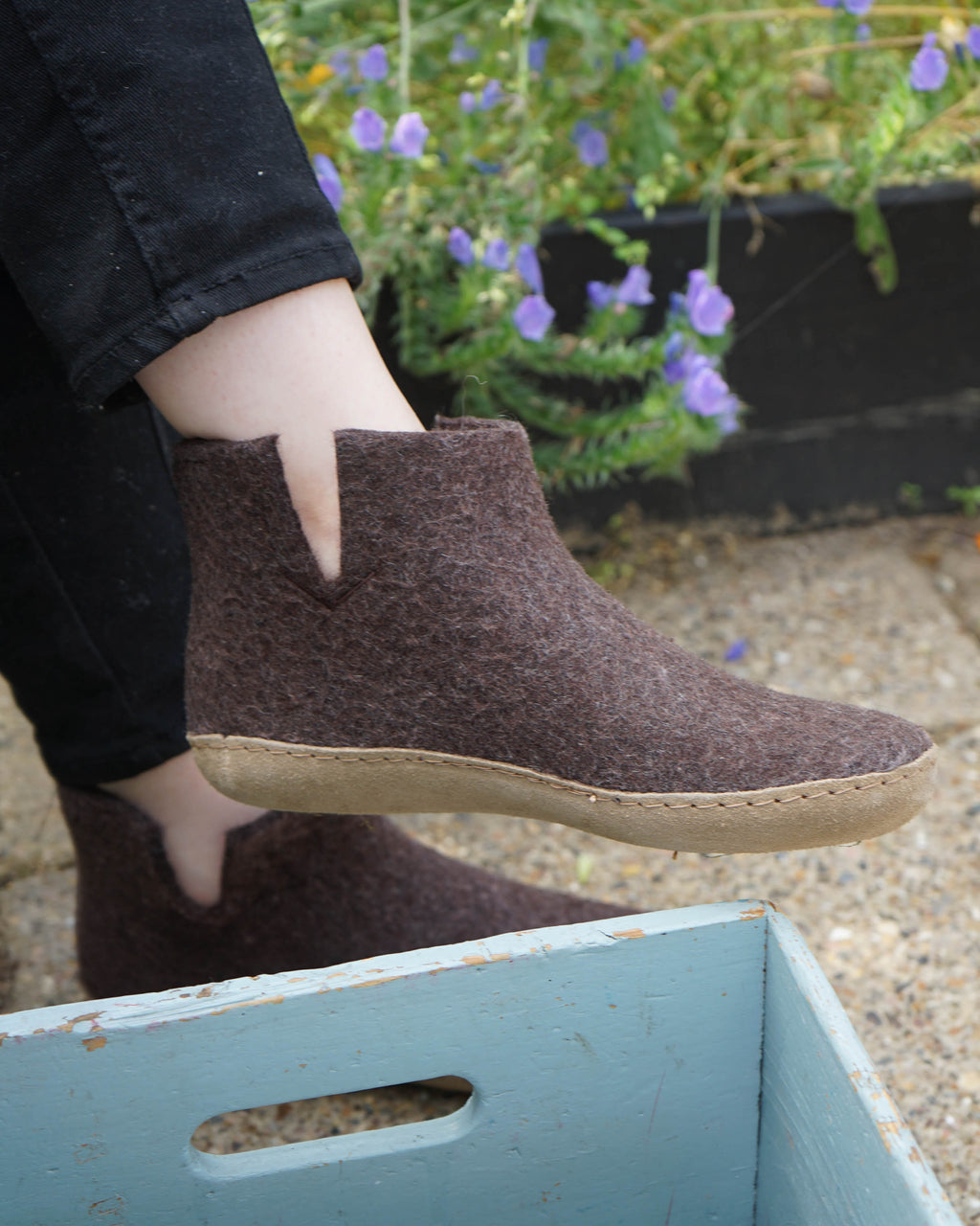 Wool slippers high leather sole - chestnut
