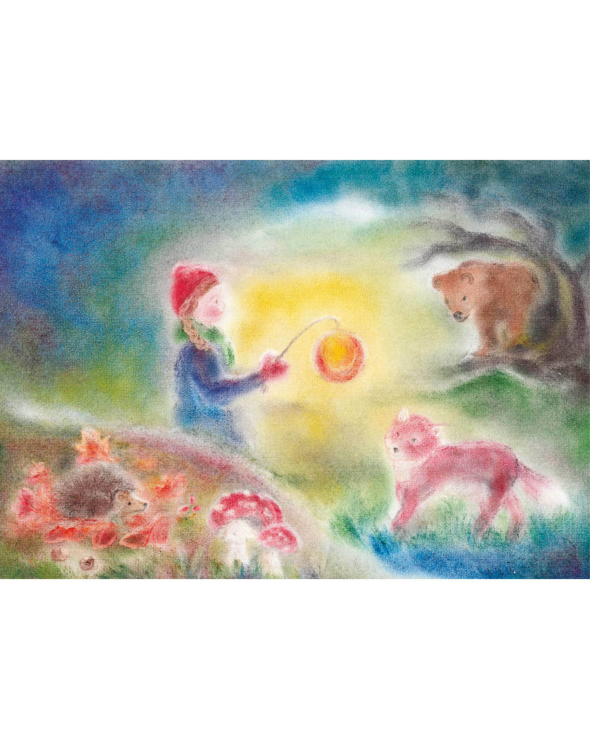Postcard - girl with lantern and animals 