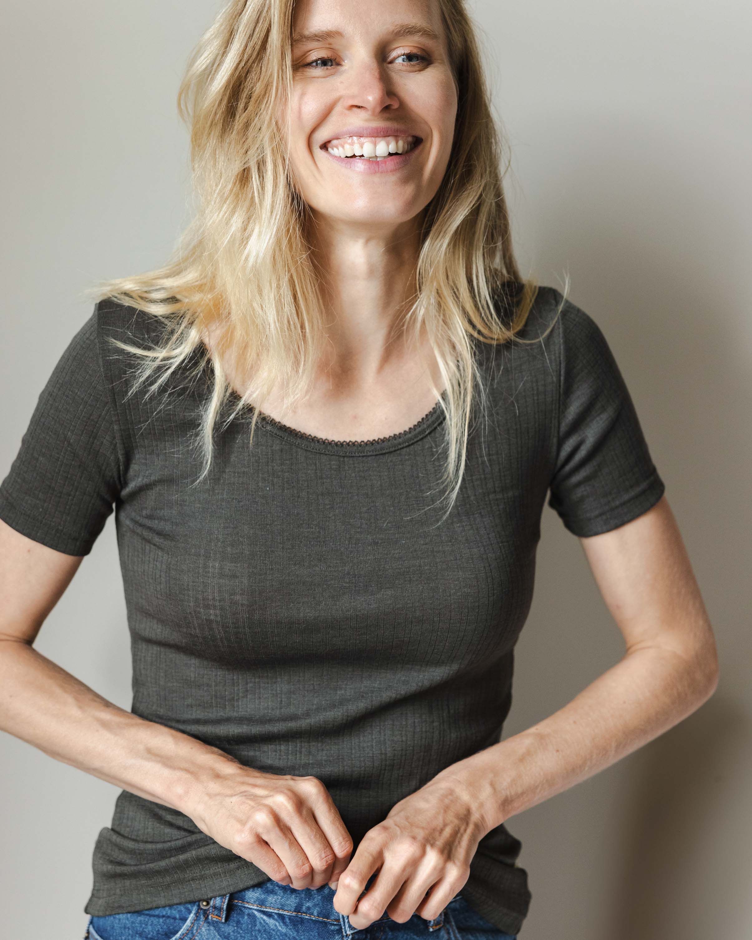 Women's shirt short sleeves rib wool/silk - wakame