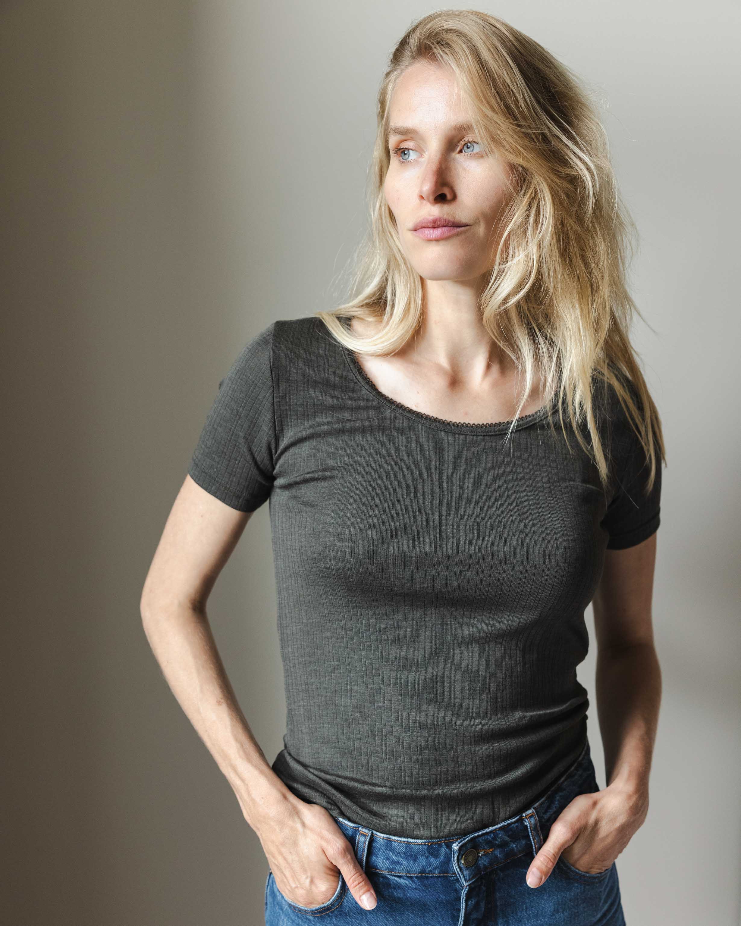 Women's shirt short sleeves rib wool/silk - wakame