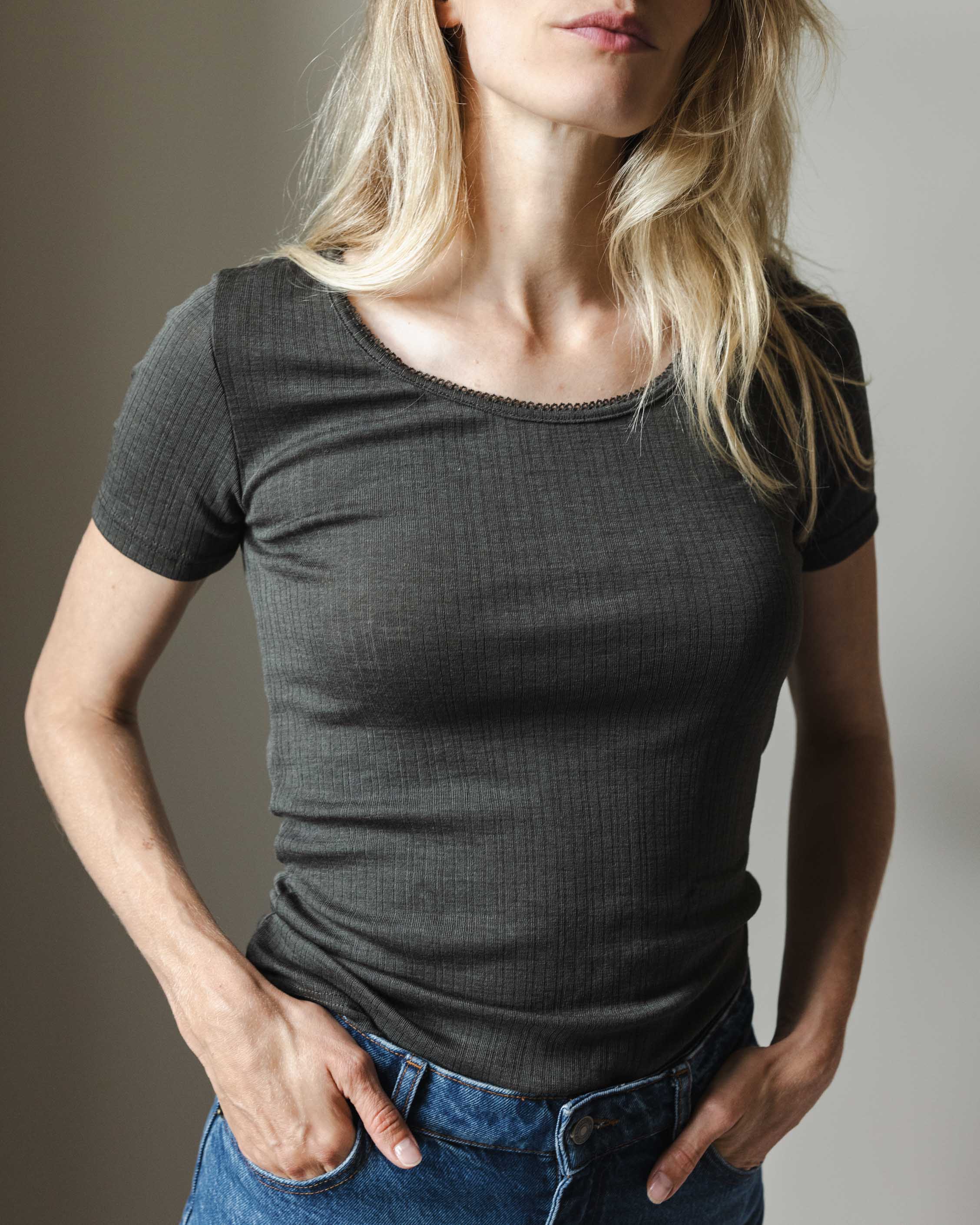 Women's shirt short sleeves rib wool/silk - wakame