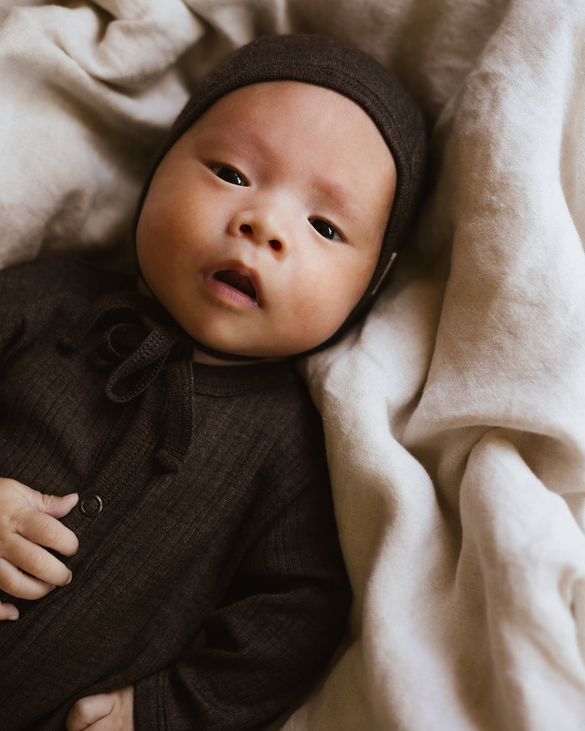 Baby bonnet rib wool/silk - cocoa