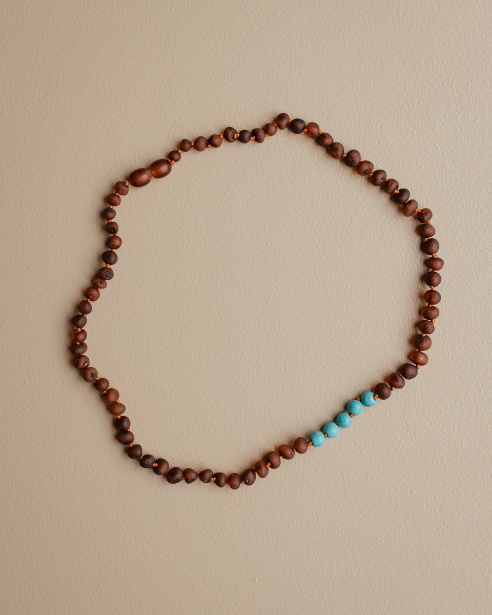Amber necklace 45cm turkoois cognac raw cupyright Ziloen
