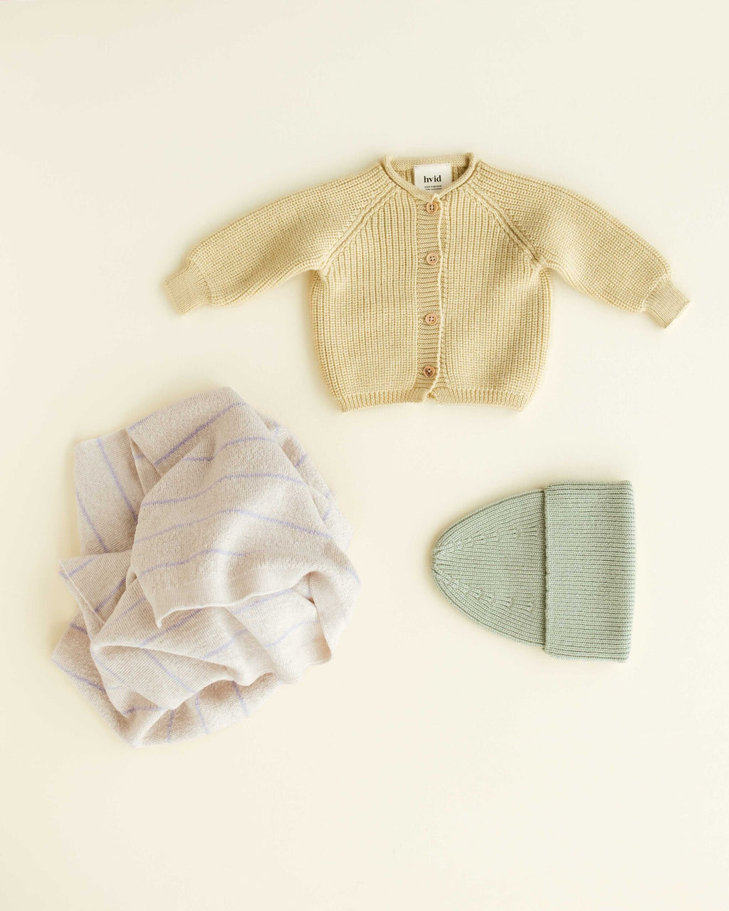 CARDIGAN INGA LIGHT YELLOW 4+ BEANIE FONZIE MINT + BLANKET HARRY CREAM-LILAC