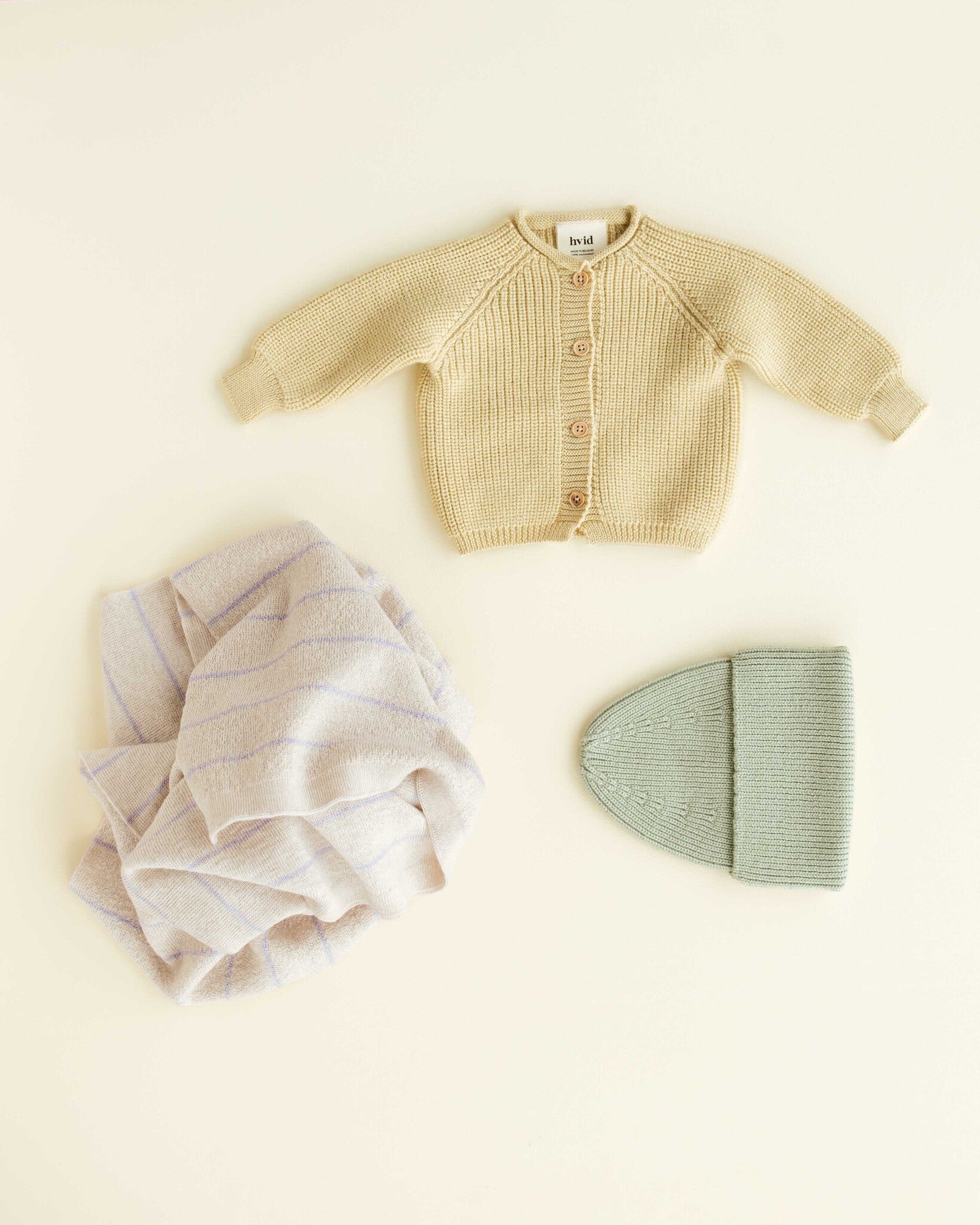 CARDIGAN INGA LIGHT YELLOW 4+ BEANIE FONZIE MINT + BLANKET HARRY CREAM-LILAC