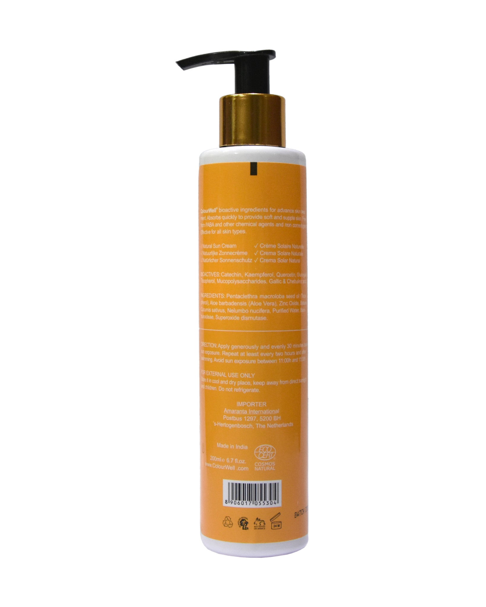 Colourwell zonnebrand creme SPF30 200ml flesje pompje achterkant