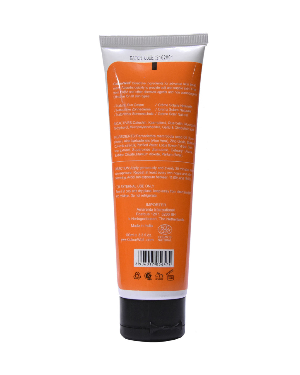 Colourwell zonnebrandcreme SPF50 100ml tube achterkant