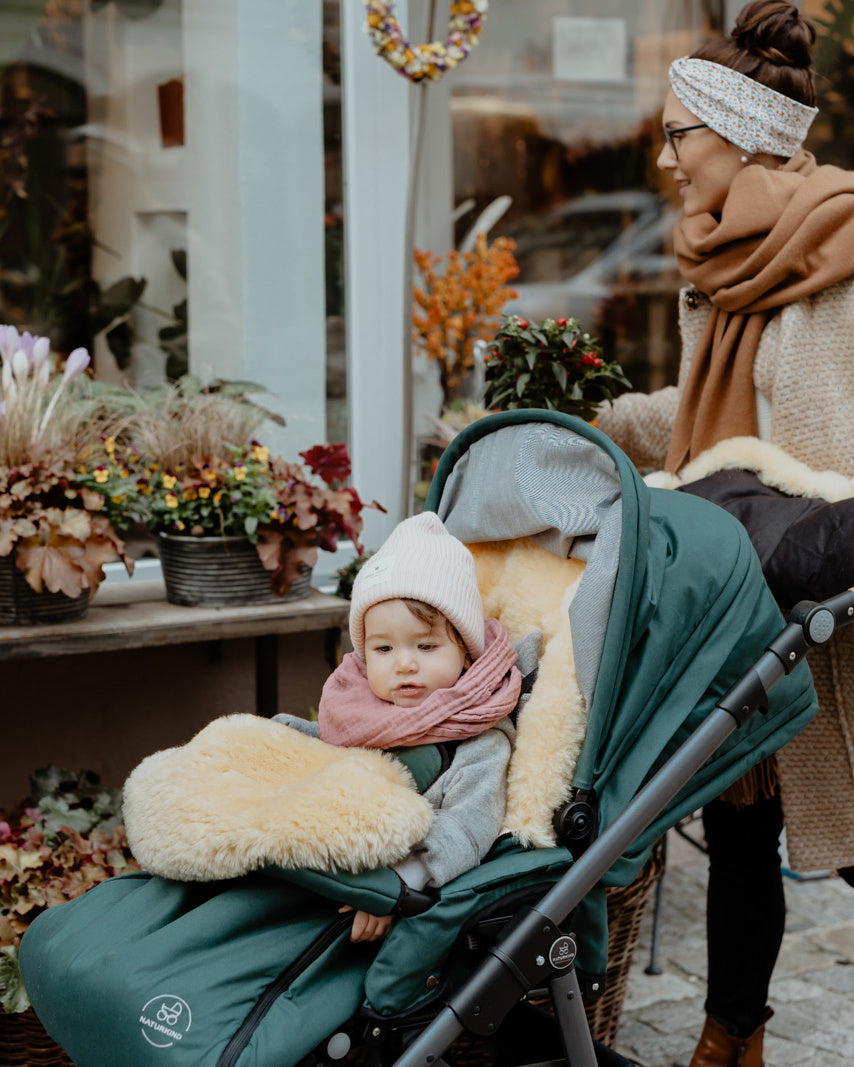 Naturkind lux green salbei pram muff lambskin insert lambskin footmuff