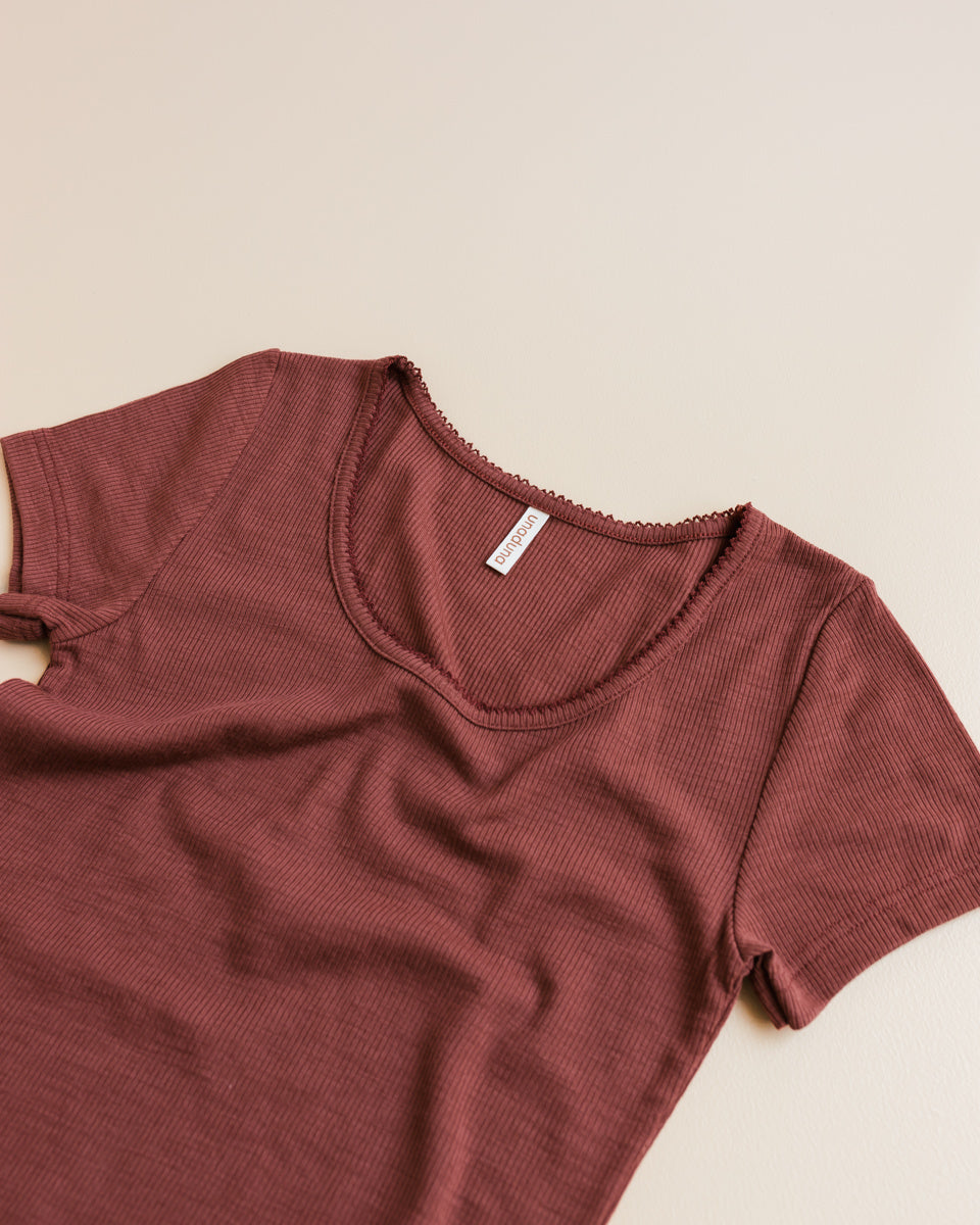 Unaduna dames shirt korte mouwen wol henna dune rib