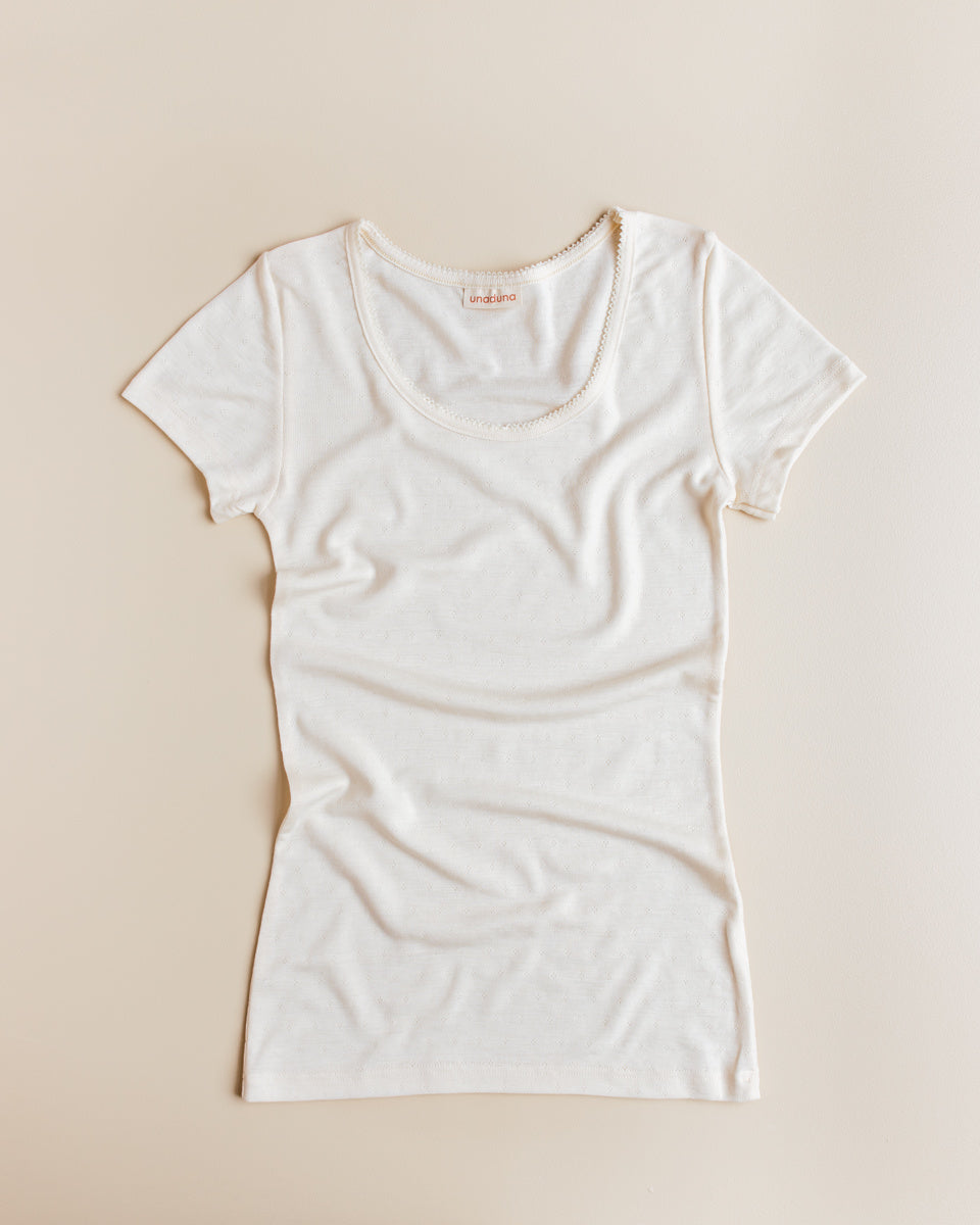 Unaduna dames t shirt wol zijde pointelle munkki naturel