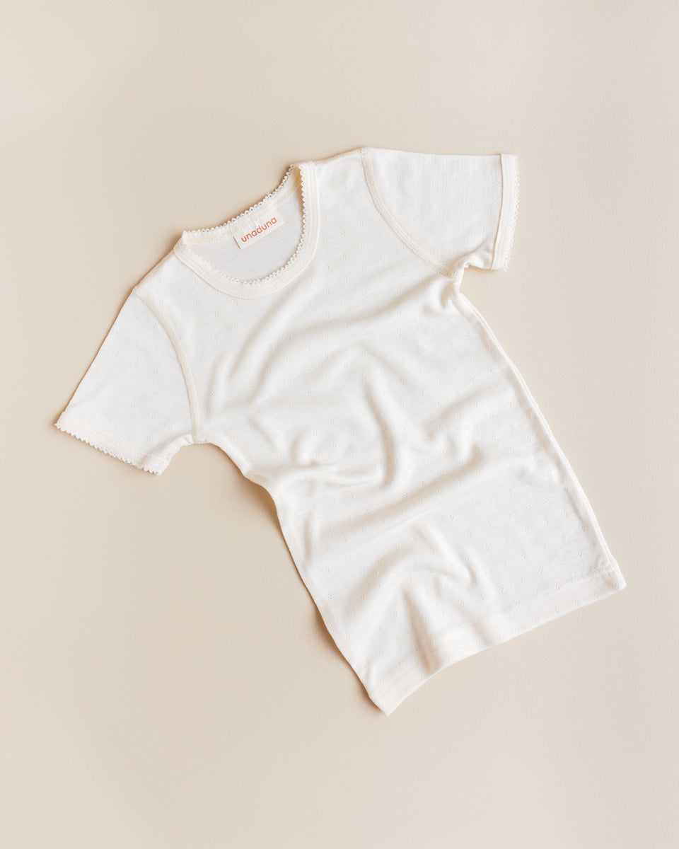unaduna t shirt korte mouwen wol zijde pointelle munkki naturel