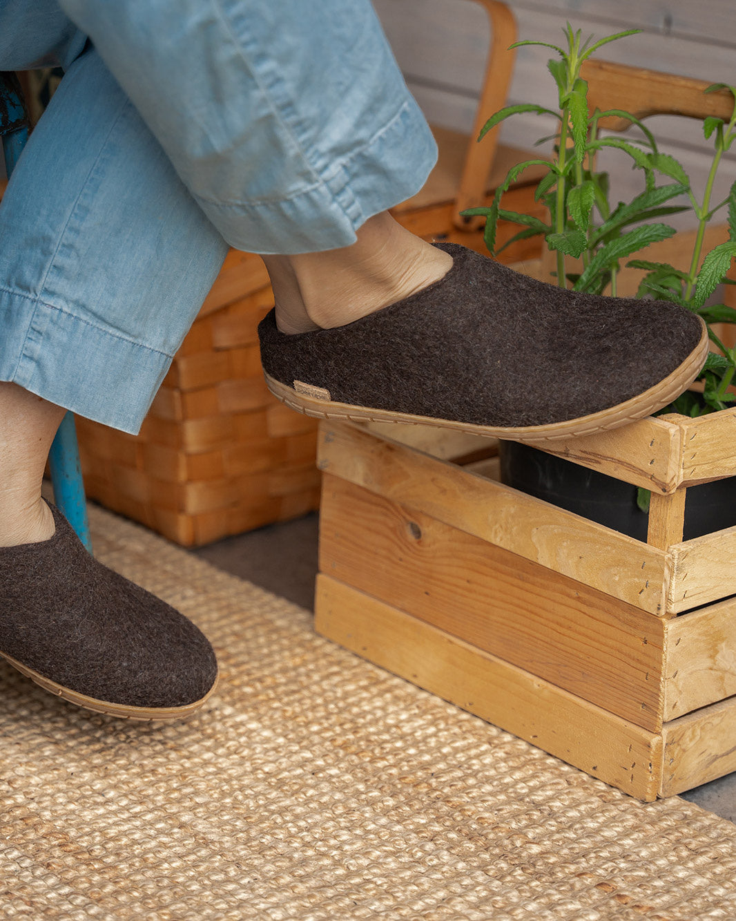 Wollen sloffen rubberen zool - chestnut